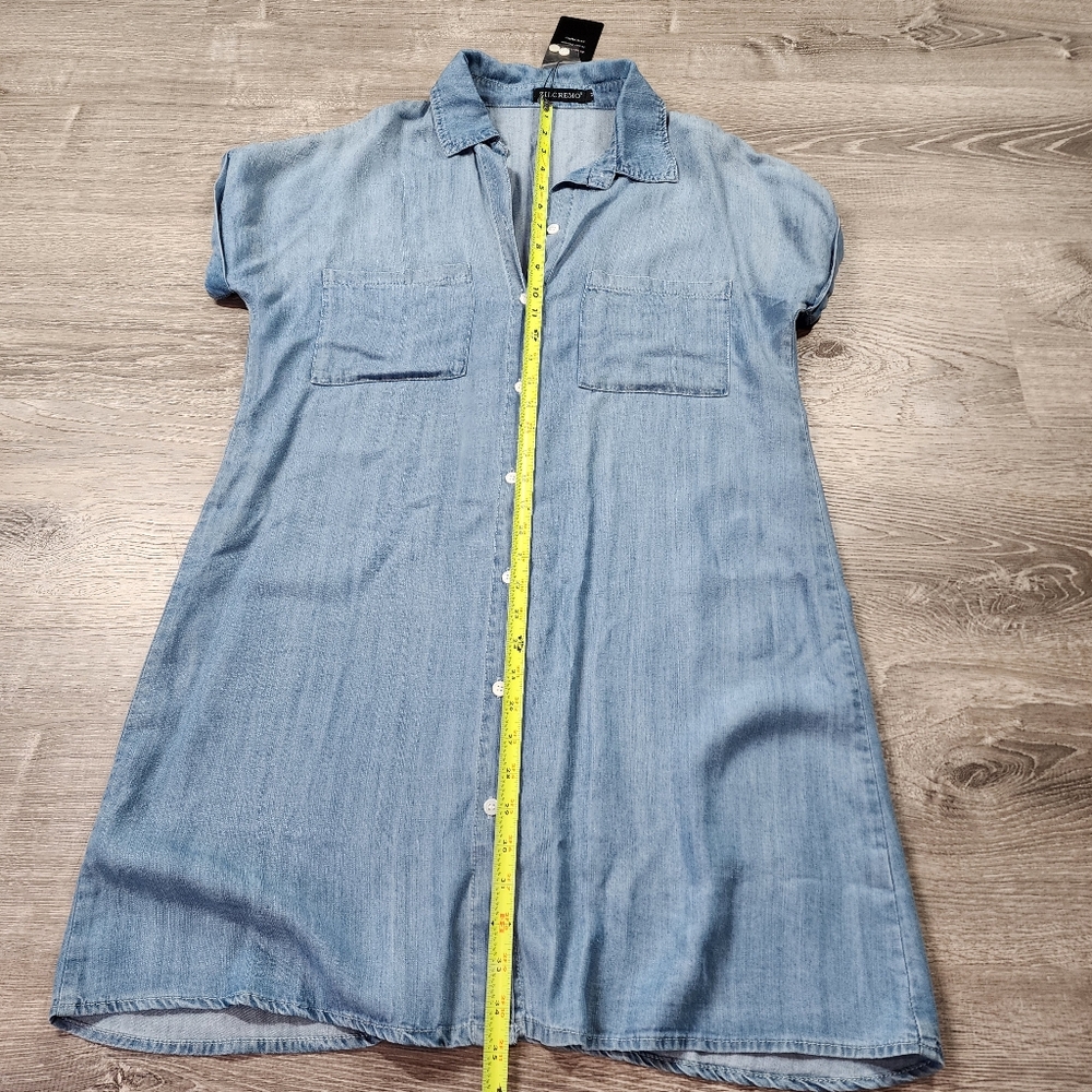 NWT ZILCREMO Blue Chambray Button Down Denim Shirt Dress Short Sleeve Medium - Picture 6 of 12